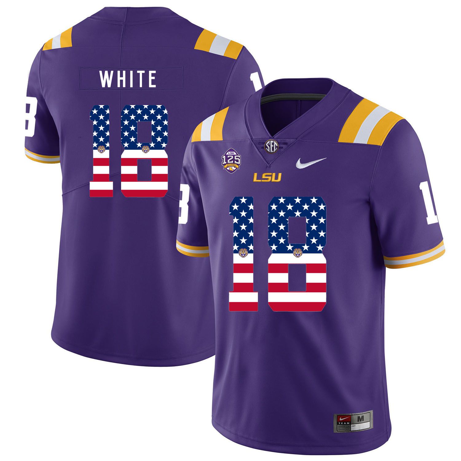 Men LSU Tigers #18 White Purple Flag Customized NCAA Jerseys